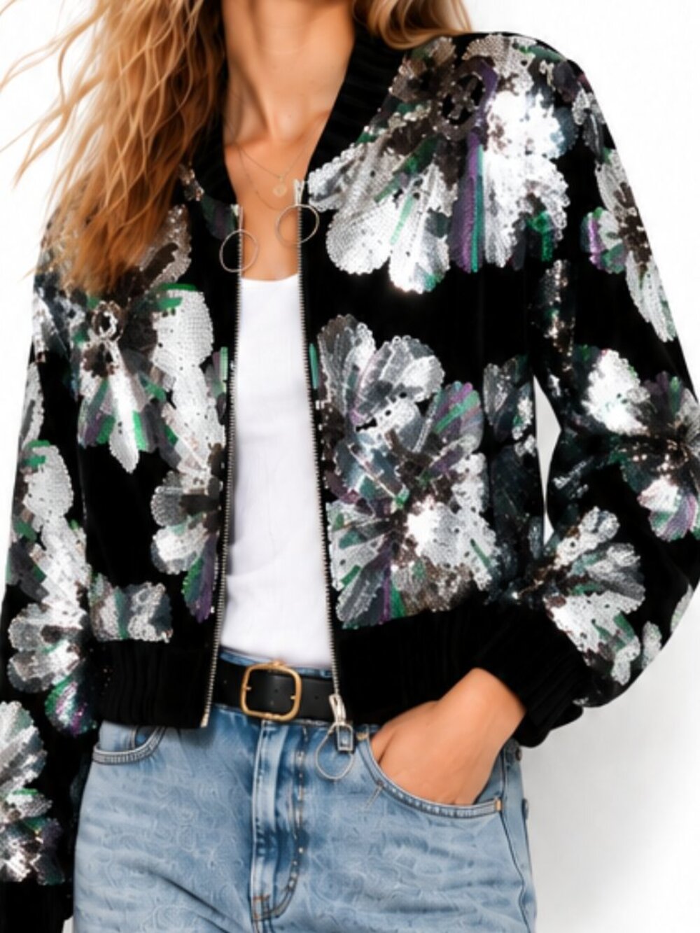 SABINA MUSAYEV Jinna Velvet Sequin Floral Cropped Bomber Jacket Size S NWT